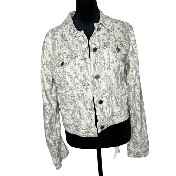 Free People Grey Cream Camo Denim Jean Jacket Fitted Cropped Size Small - Picture 2 of 8